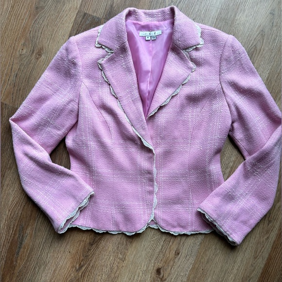 Vintage Jackets & Blazers - Vintage Silk blend Pink & white plaid blazer with lace, size 8, preppy, Barbie